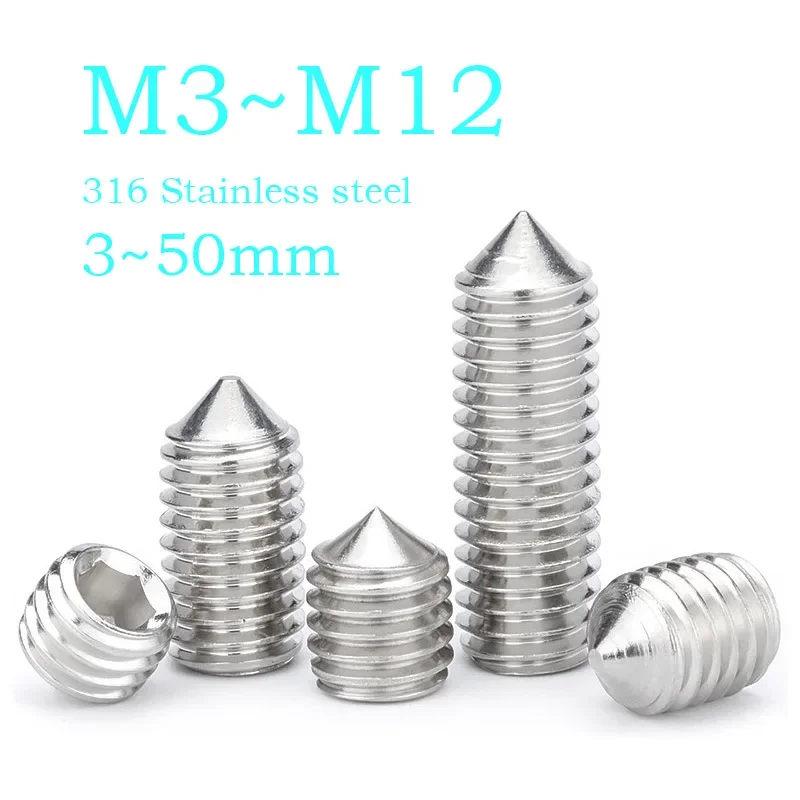 3~30 Pcs Hexagon Socket Set Screw M3 M4 M5 M6 M8 M10 M12 Cone Point Grub Set Bolt 316 Stainless Steel Hex Socket Tip Set Screw