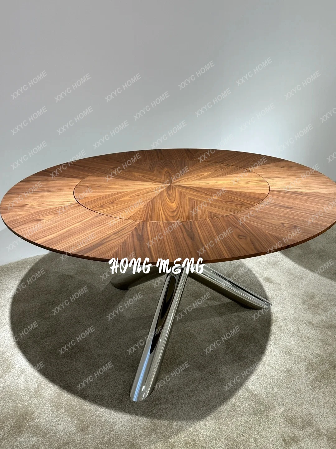 X-S North American black walnut round table round stainless steel dining table minimalist household solid wood dining table HG