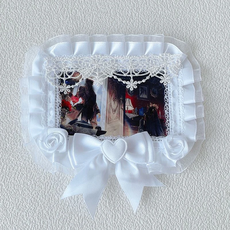 Handmade 3‑inch photocard holder, multi‑color, layered lace ruffle, satin big bow, heart ornament, fabric rose decor, sweet Lolita style, for polaroid, idol collectible & anime cards view 2
