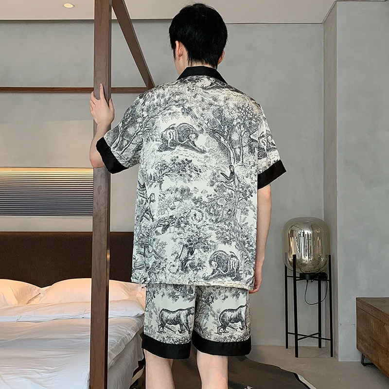 Ink Wash Painting Men Pajamas Suit Ice Silk Thin Summer Short-sleeved Satin National Style Loungewear Loose Sleepwear Male Gift