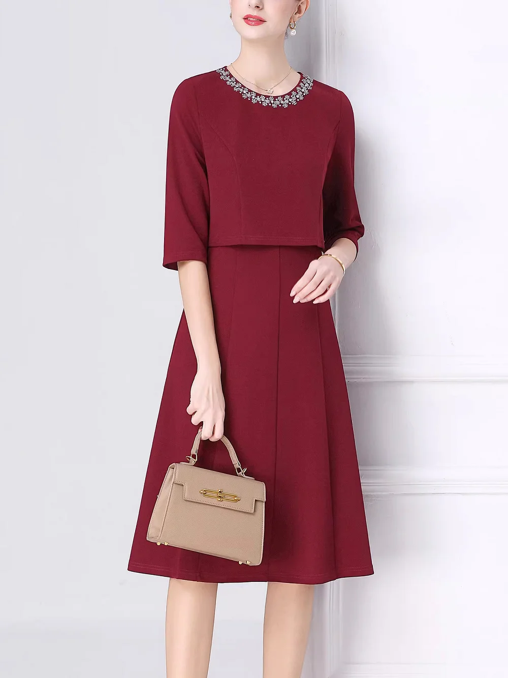 4XL 3XL Party Red Dress 2026 Spring High Quality Designer Clothes Women Diamond Beading Deco 3/4 Sleeve Slim Fit & Flare Dress