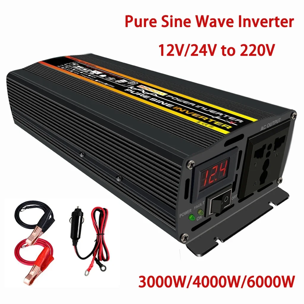 

6000W Car Power Inverter Pure Sine Wave Converter Inversor Display DC 12V 24V To AC 220V Transformer Solar Power Inverter Socket