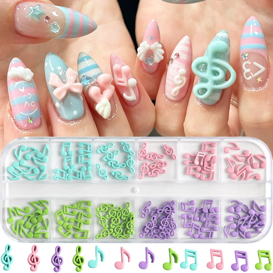 12 Grids Macaron Color Music Theme Nail Charms Mixed 3D Note Pink Purple Green Note Punk Japanese Style Nail Art Decorations