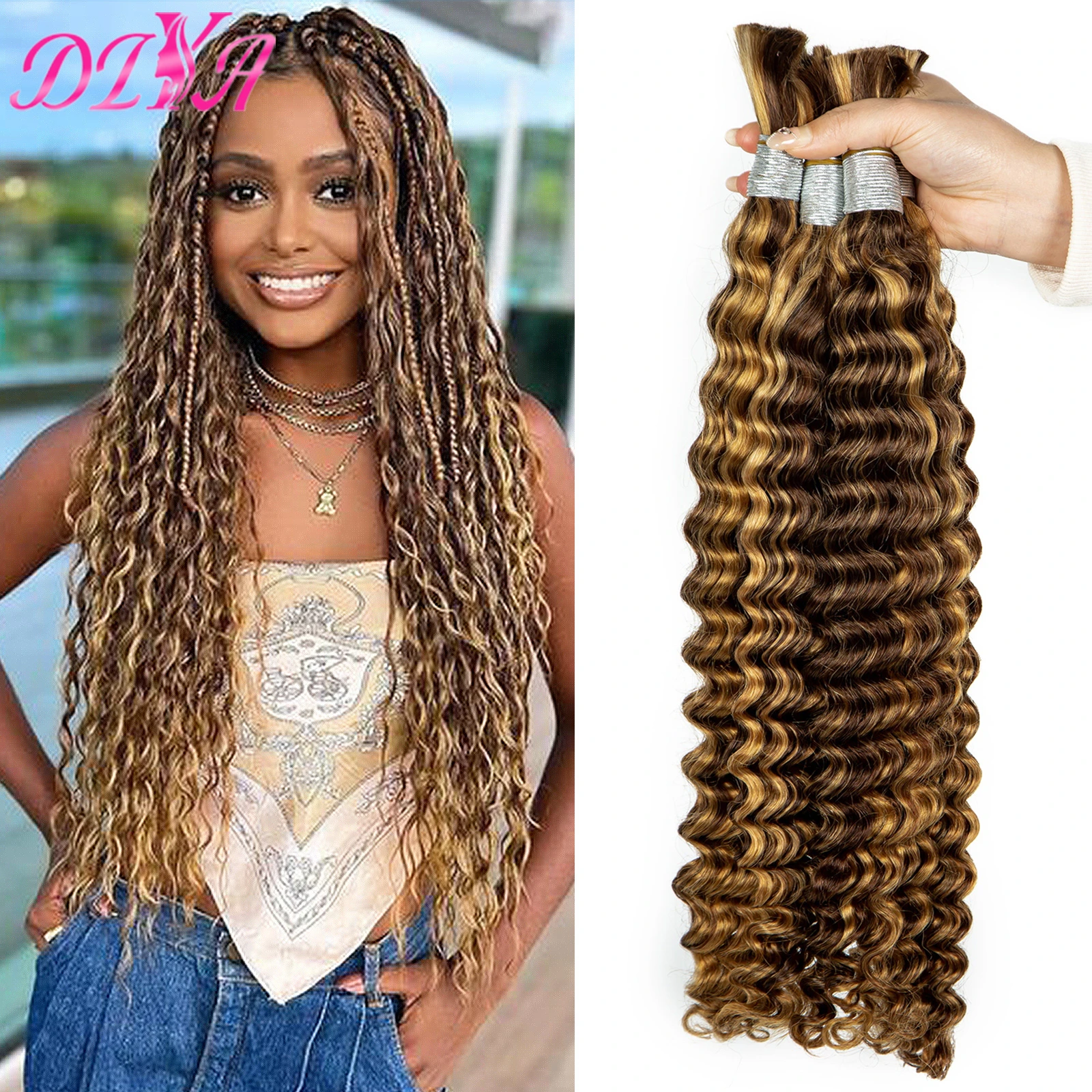 P4/27 Highlight 100% Human Hair Bulk Deep Wave Hair Bulk for Boho Braiding 16-28 Inches No Weft Virgin Hair Bundles Extensions