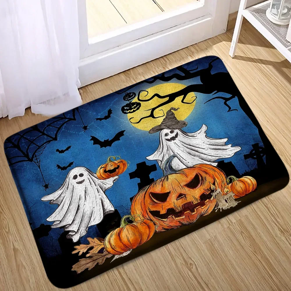 Halloween Shower Curtain Rug Set Ghost Pumpkin Skeleton Halloween Theme Cartoon Shower Curtains Holiday Home Bathroom Decoration