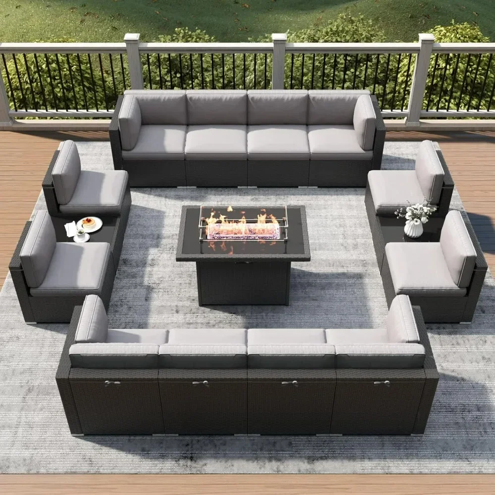 

15 Piece Patio Furniture Set with Fire Pit Table, Outdoor Conversation Sets Wicker Rattan Sectional Sofa with Coffee Table