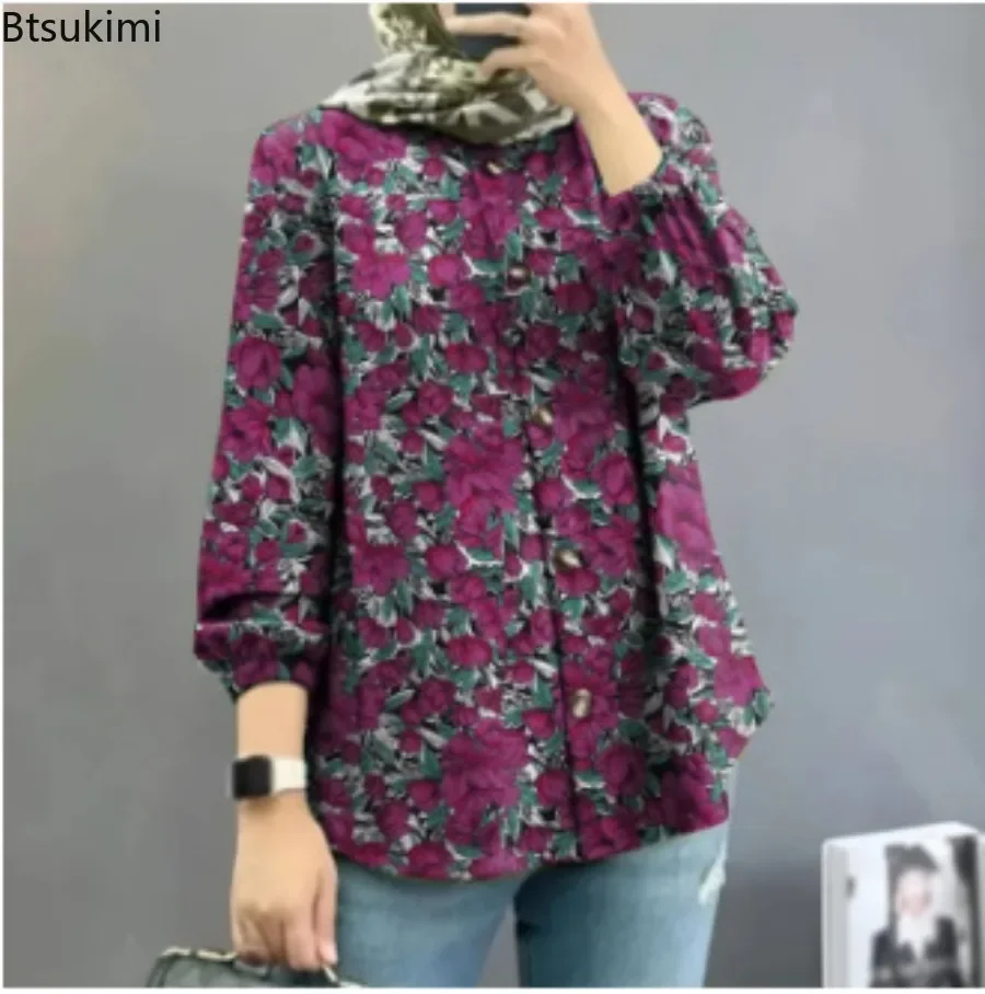 Vintage Flower Print Women Blouse Ramadan Muslim Fashion Loose Casual Shirt Tops Bohemian Style Puff Long Sleeve Blusas De Mujer