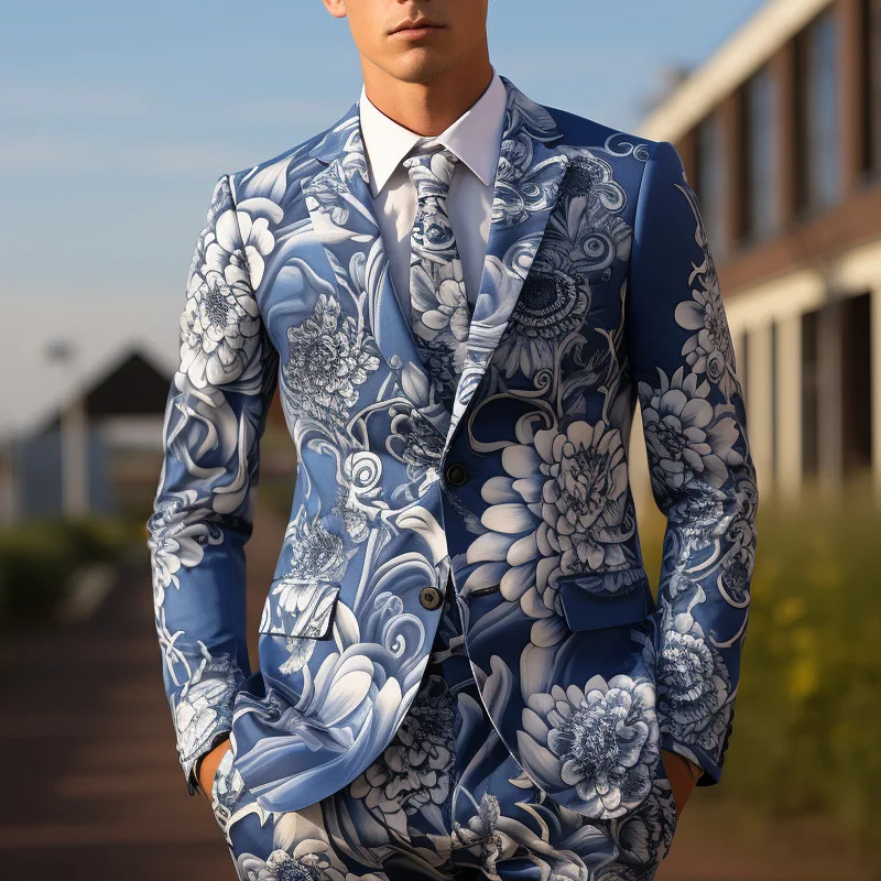 Casual Long-sleeve Colour Flower Slim Suit Men\'s 3D Digital Printing Suit Cosplay Party Stage Nightclub Cool Performance Suit