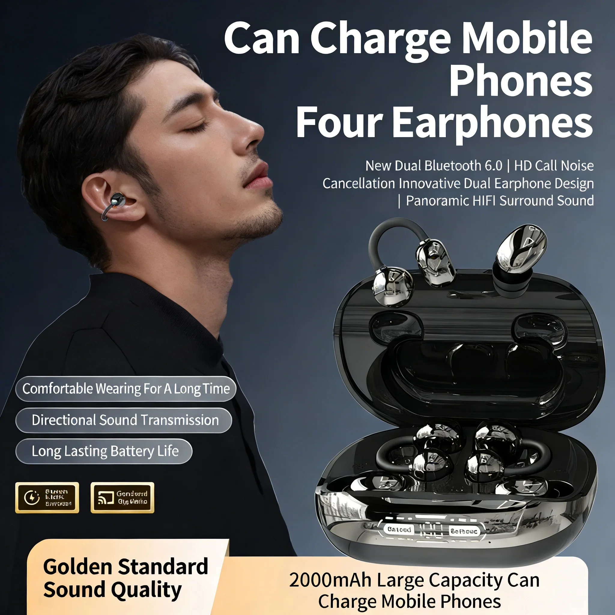 

Sleeping Wireless Earbuds Bluetooth 6.0 Ear Clip & In-Ear 2-in-1 Ai Call Noise Reduction HIFI Stereo For Couple