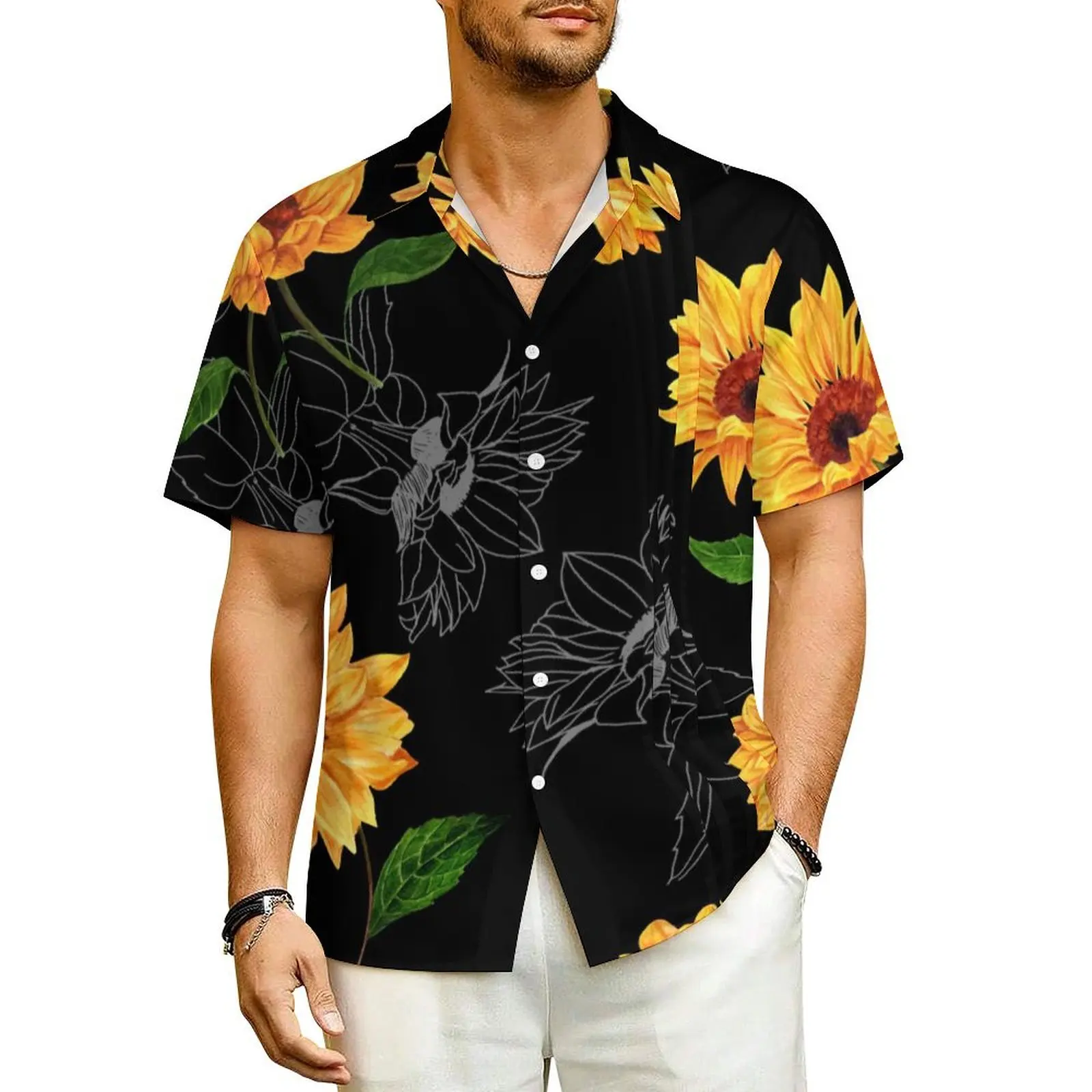 

Hawaii Shirt Beach Watercolor Sunflower Blouses Yellow Flower Print Loose Casual Shirts Man Short Sleeve Y2K Street Oversize Top