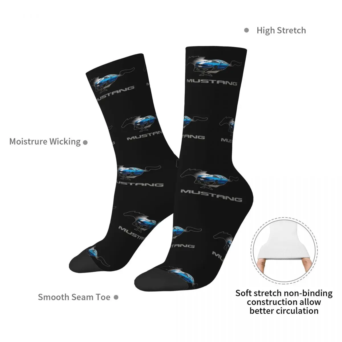 Ford Mustang GT Logo Emblem Design (Blue On Black) Socks Absorbing Stockings All Season Long Socks for Unisex Birthday Present