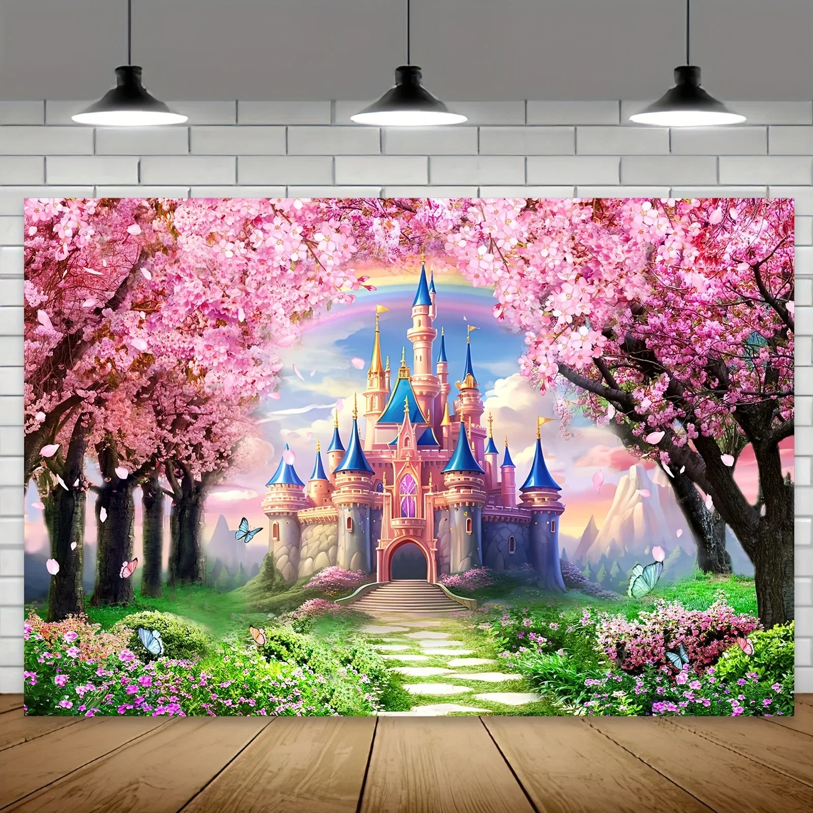 Charming fairy tale castle background with pink cherry blossoms and rainbow - perfect for wedding, princess party photography