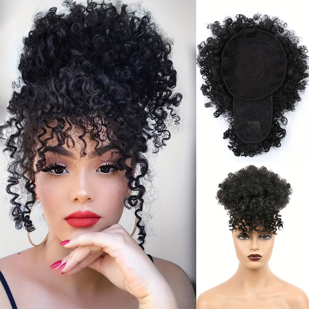 

1PCS Afro Curly kinky Puff Bun Short fluffy Updo chignon With Bangs Synthetic wigs messy Drawstring Ponytail women hairs buns