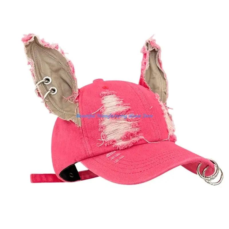 E56A Sunproof Hat Women Adjustable Snapbacks Hat with 3d Dog Ear Metal Rings