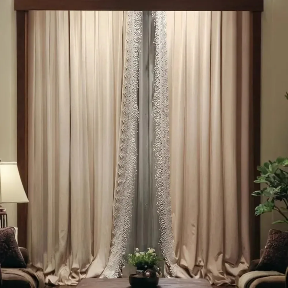 

French Lace Splicing Milk Tea Velvet Curtains for Living Room Bedroom Balcony Customized French Window Villa Home Products