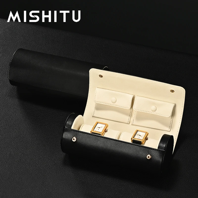 

MISHITU Dual Watch Case PU Leather Watch Roll 2 slots Storage Box Multi-functional Jewelry Wristwatch Portable Watch Organizer