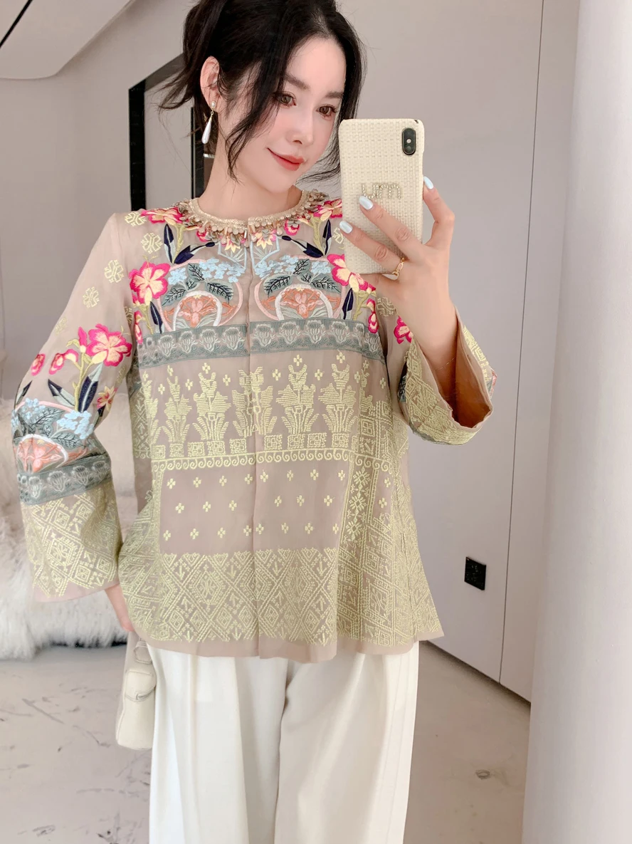 

2025 Autumn Luxury Embroidery Silk Organza Coat Women's Handmade Beading Sequin Vintage Loose Tops