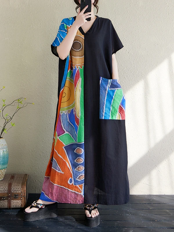 Plus Size Cotone Lino V-Ne Summer Dr Dimagrante ort Sve Ultra Long Sle Donna Faion Retro Stampa Vita alta Dr