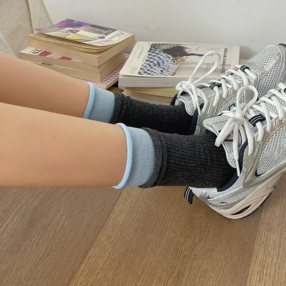 

Contrasting-color Women's Mid-calf Socks Spring-autumn Versatile Multi-color Rolled-edge Socks New Style Long Socks For Women