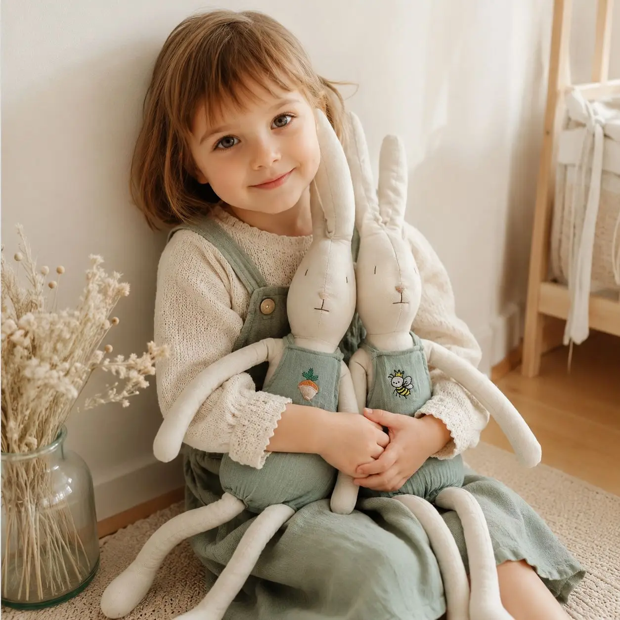 65cm Large Lop Bunny Toy with Removable Overalls Soft Cuddly Dolls for Sleep Handmade Linen Fabric Rabbit Doll For Girls