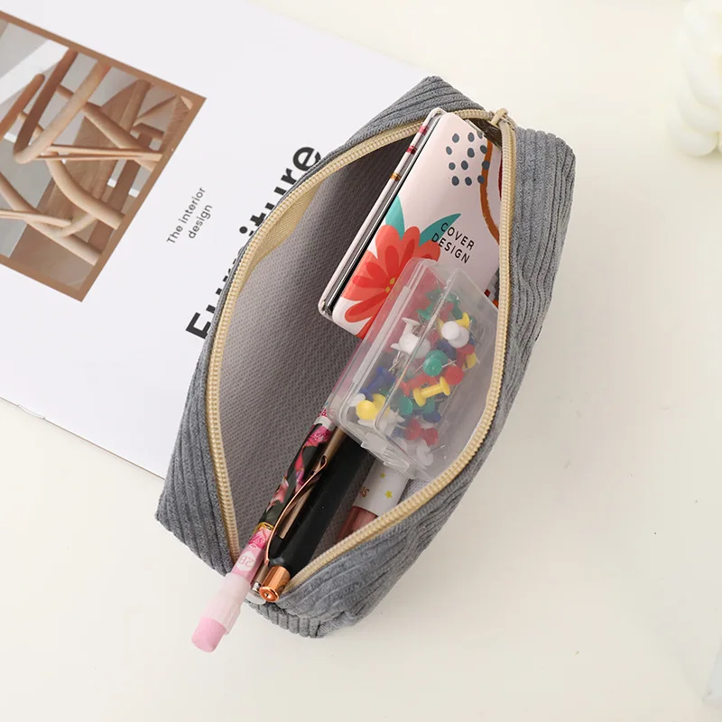 Cartoon Shark Prints Pencil Bag Comfortable Corduroy Material Pencil Case Stripe Pattern Stationery Pens Storage Organizer