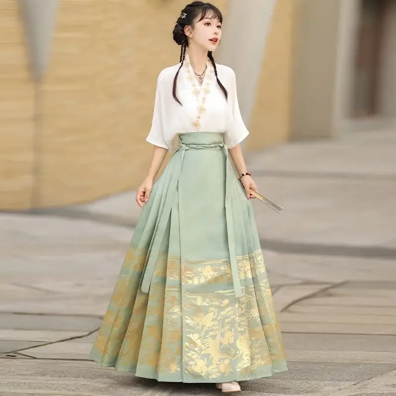 

Fashion Ming Dynasty Phoenix Printed Hanfu Suit Top Horse Face Skirt Women's Clothing 2024 Spring Summer Chinese Casual Dresses