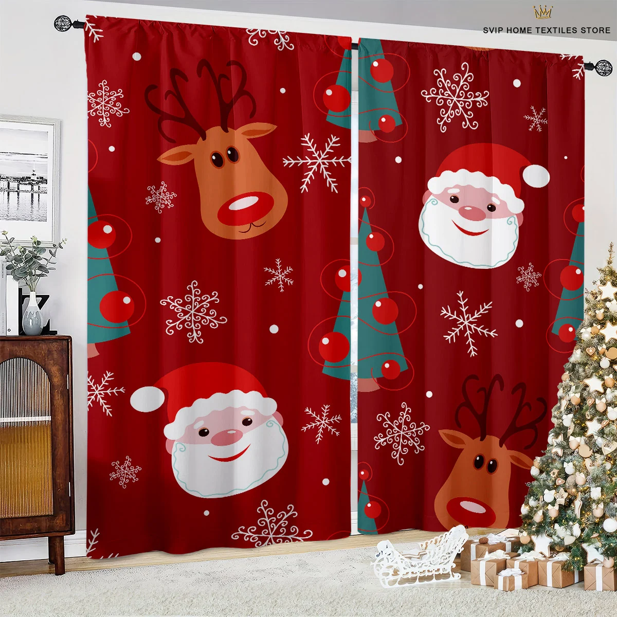 

Santa Claus Snowman and Snowflake Red Print Curtains, Bedroom, Living Room, Kitchen, Holiday Party, Decorative, 2 Pcs