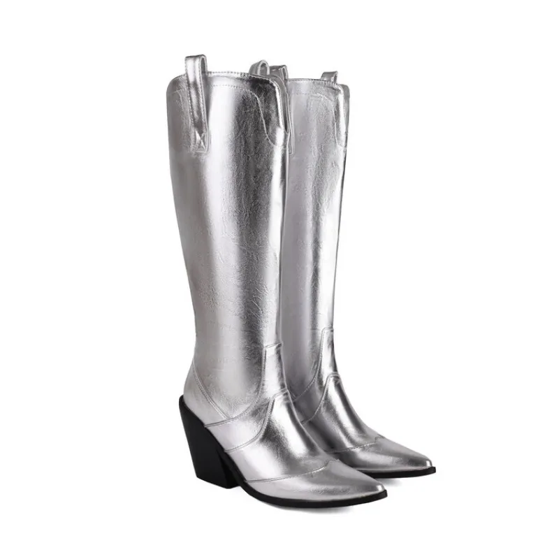 

2023 New Western Denim Boots 9cm Thick High Heel Pointed Silver Chelsea Boots Fashion Knee Leather Boots 34-48 Rock Band Boots