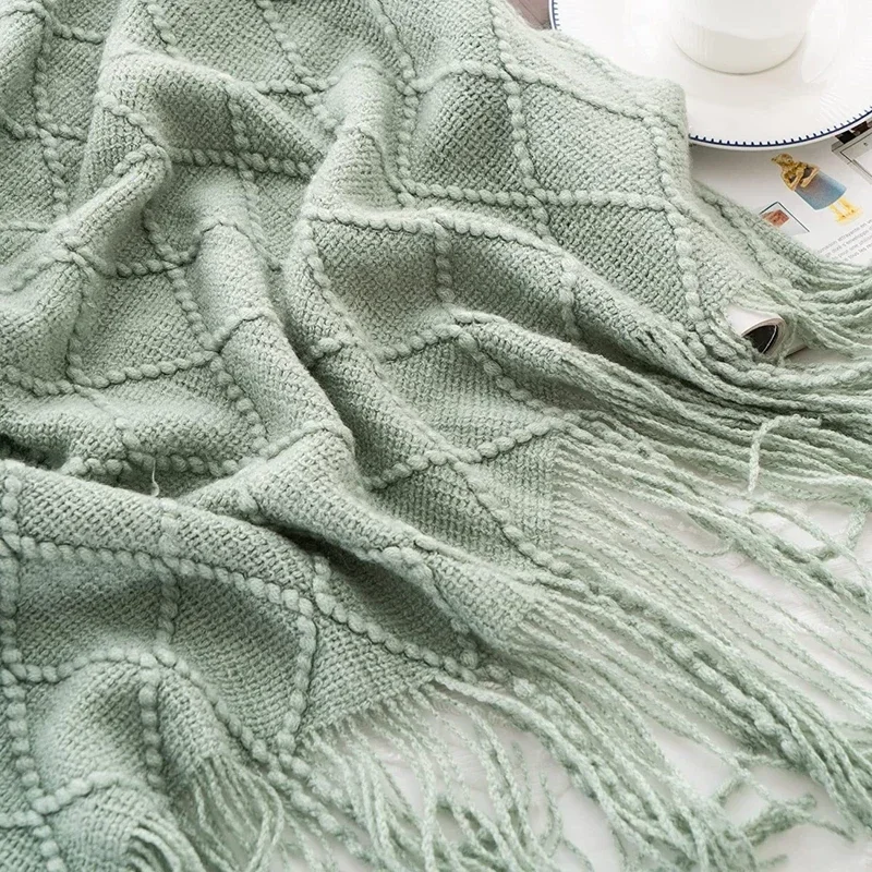 Green Knitted Throw Blankets with Fringes Oversized Chunky Cozy Vintage Farmhouse Gift Textured Throw Blanket Home Decor