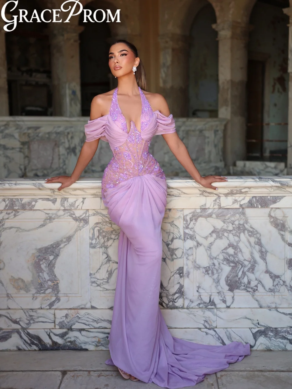 

Purple Beaded Lace Evening Dress Stylish Pleated Halter Floor-length Formal Party Gown New Customized Stunning Banquet Gowns