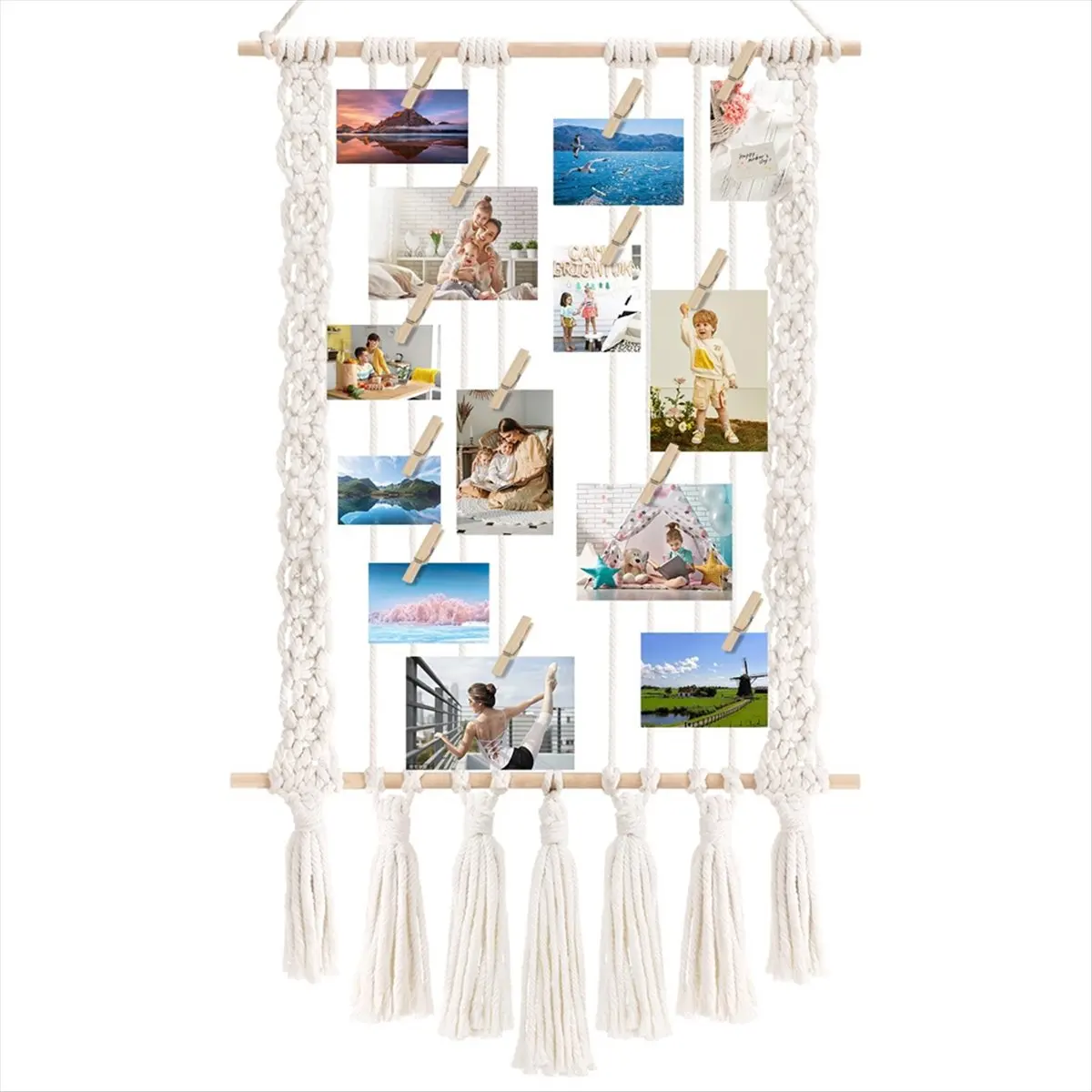 HITL Hanging Photo Display with 30 Wood Clips Macrame Wall Hanging Picture Holder Collage Picture Frame for Boho Decor