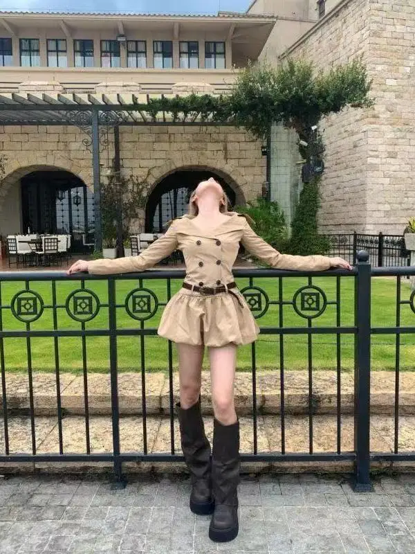 Rétro Ele Long Sve coupe-vent Dr marron Double bouton épissage taille cintrée fleur bourgeon ort jupe femme Faion