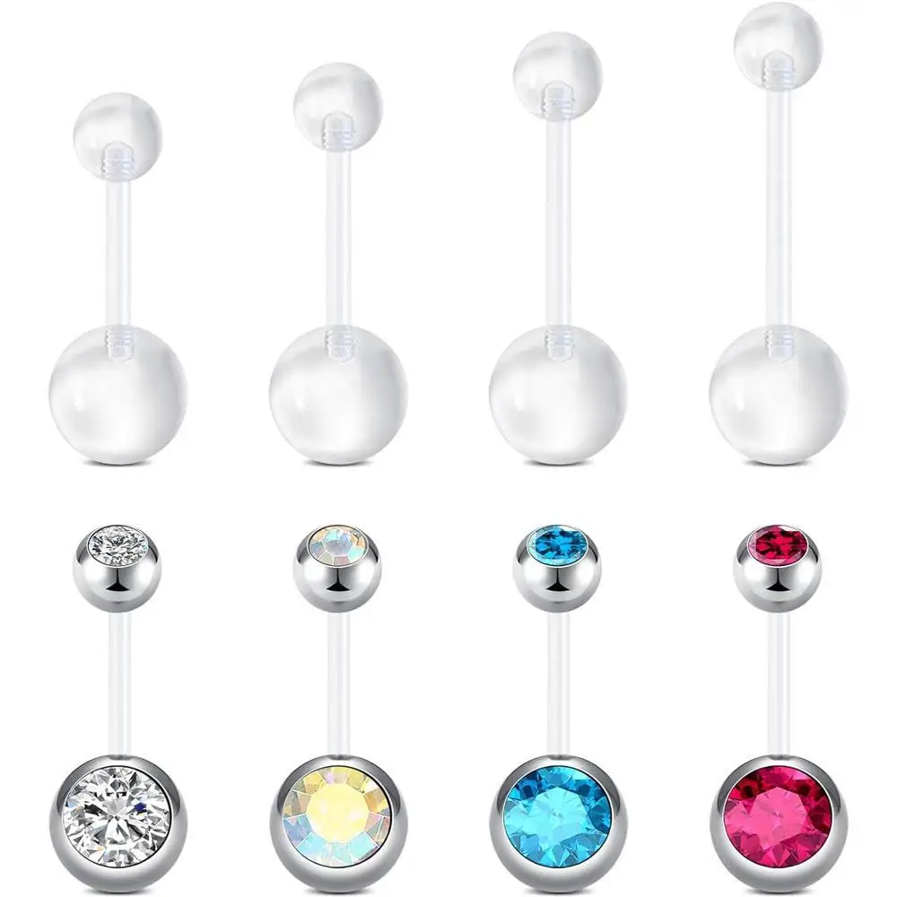 1/8Pcs Set Clear Belly Button Rings Bioflex Acrylic Bar Belly Ring Curved Barbell Navel Piercings Retainers for Work Surgery