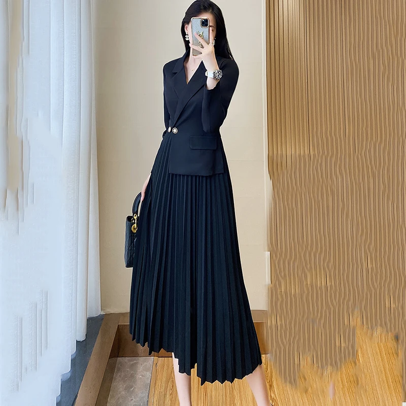 

New High-end OL Commuter Suit Dress for Spring Korean Slimming and Waist Cinching Fake Two Pleated Princess Dresses