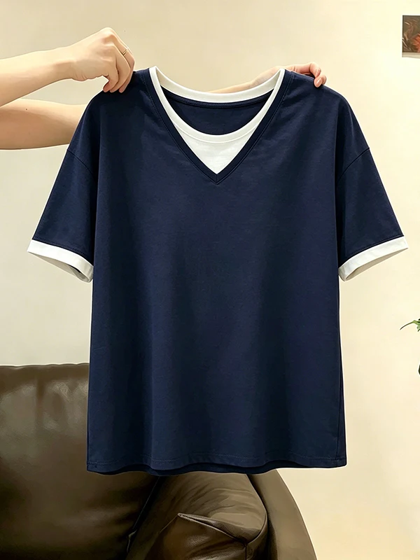 

plus Size Fake Two-Piece Short Sleeve T-Shirt Women's Summer New Color Block Design Loose Chic Top Korean Style Commute Wind