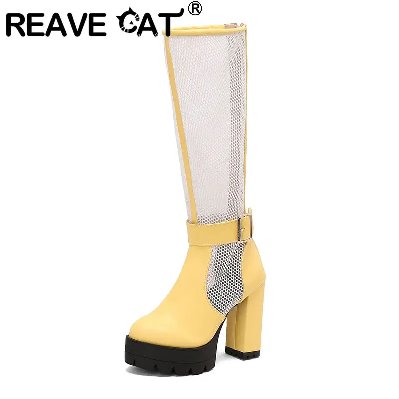 

REAVE CAT 2025 Женские сапоги до колена с круглым носком и блочным каблуком 11 см, платформа 3 см, молния из флока, замша, большой размер 46 47 48 Dating Bota