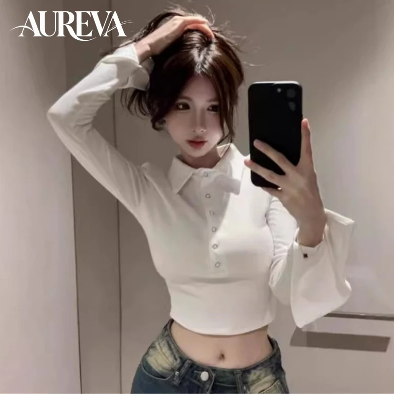 Sexy Short Polo Neck Long Sleeve Base Layer Top Korean Style INS Trendy Design Unique Women's T-Shirt Pure Desire