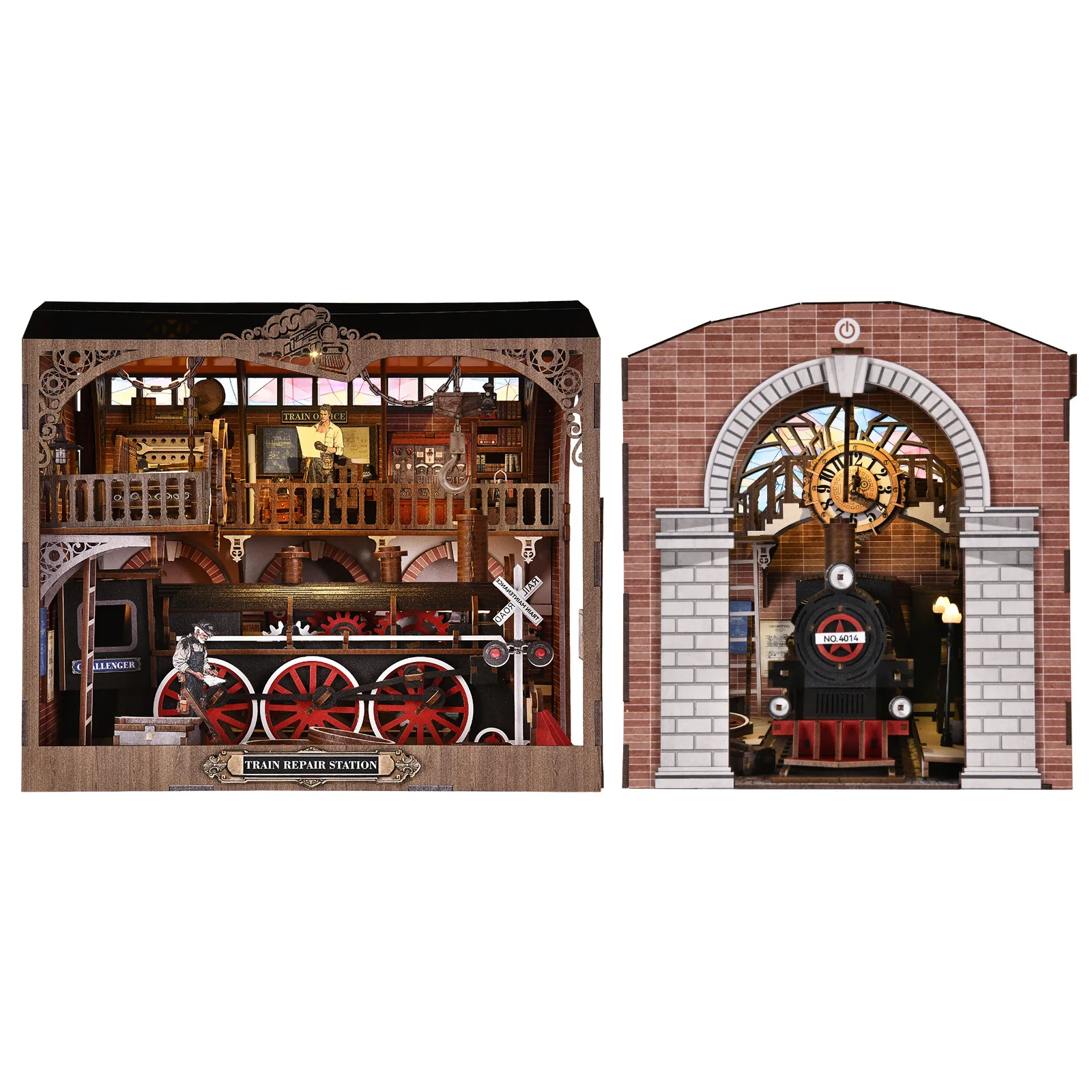Zugreparaturstation DIY Cottage Modellhaus Mobiler Zug handmontierter Buchständer aus Holz Ornament Baustein Geschenk