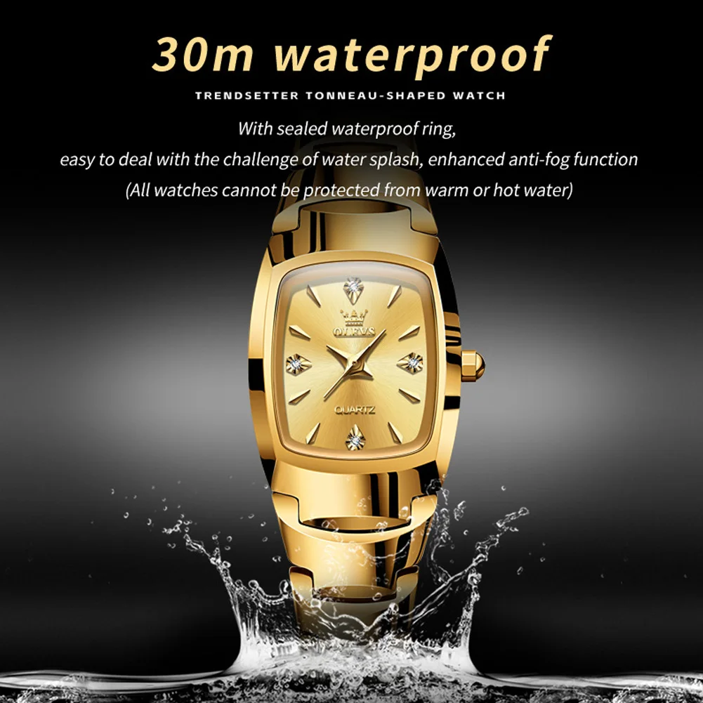 OLEVS Tonneau Tungsten Steel Watch for Women Luxury Brand Gold Quartz Ladies Watch Waterproof Original Quartz Women\'s Watches