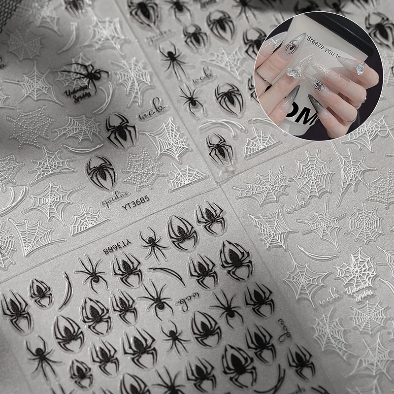 5D Relief Halloween Spider Nails Sticker Black Spiders Cobweb Embossed DIY Manicure Decals