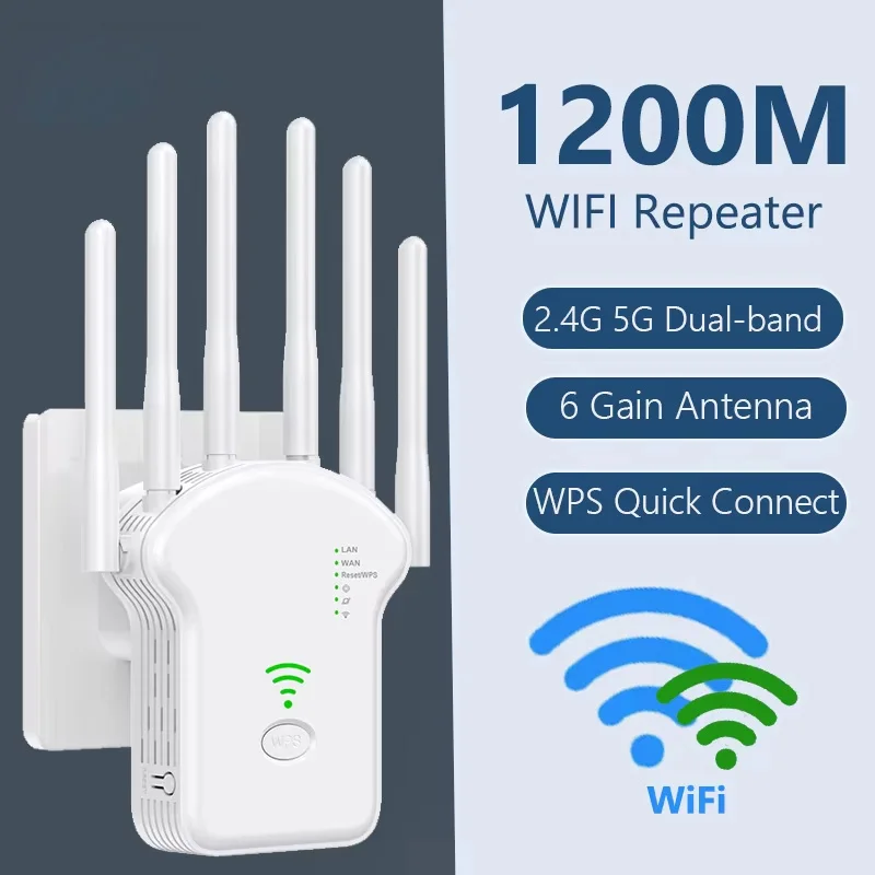 

Dual-Band 2.4G 5G 1200Mbps Wireless WiFi Repeater WiFi Signal Repeater WiFi Extender 6 Antenna Network Amplifier WPS WiFi Router