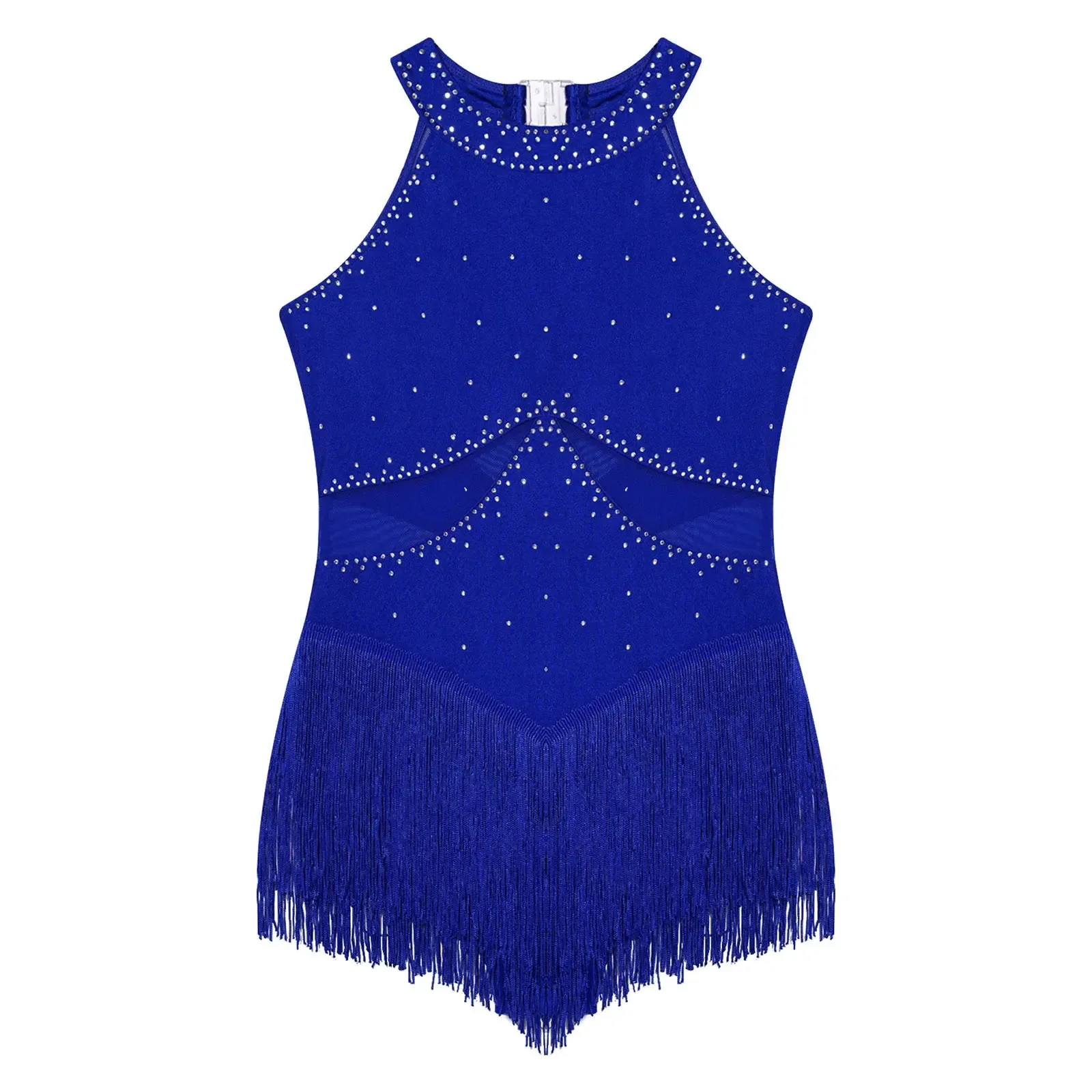 키즈 걸스 민소매 프린지 바디수트 모던 라틴 재즈 댄스 레오타드 드레스 라인스톤 체조 스케이팅 공연 의상