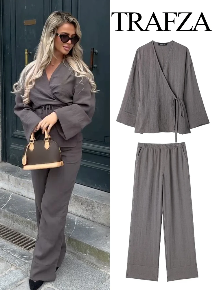 TRAFZA Women 2 Piece Set Kimono Style V-Neck Asymmetric Laced Up Loose Casual Blouse Top+Side Pocket Elastic Waist Wide Leg Pant