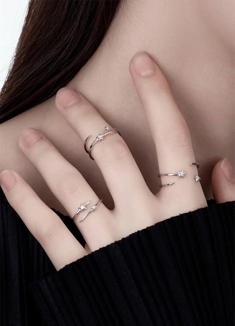 

S925 Sterling Silver Four-Pointed Star Sparkling Diamond Ring Women's Niche Ins-Style Accessory