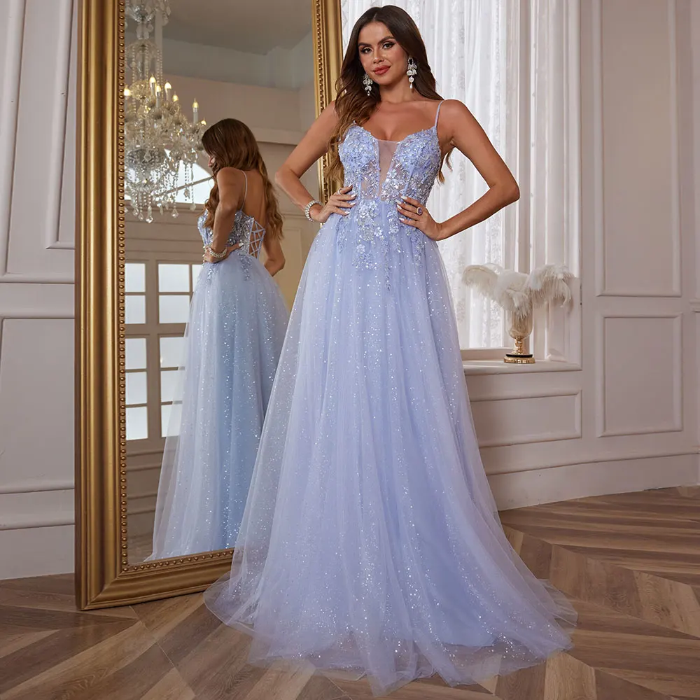 Elegant Tulle Lace Evening Gowns For Women Formal Beaded Prom Dresses Long Ball Gown With Train Homecoming Birthday Party Gown