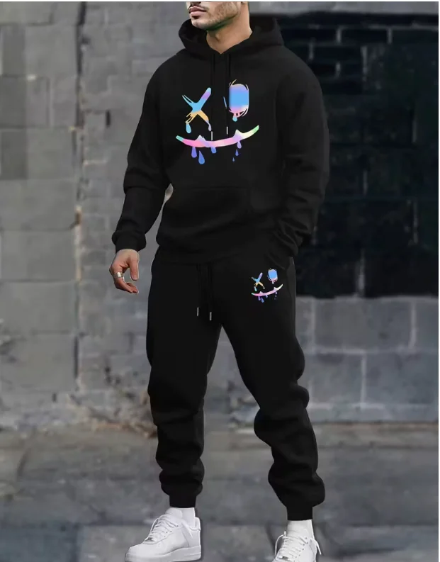 

Smiling face print men's versatile and trendy long sleeved hooded sweatshirt and casual pants set, 2-piece spring and autumn out
