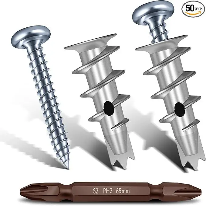 

Zinc Self Drilling Anchor Bolt Kit With Hollow Wall Anchors Screws And S2 Steel 65mm Double Cross Screwdriver Bit