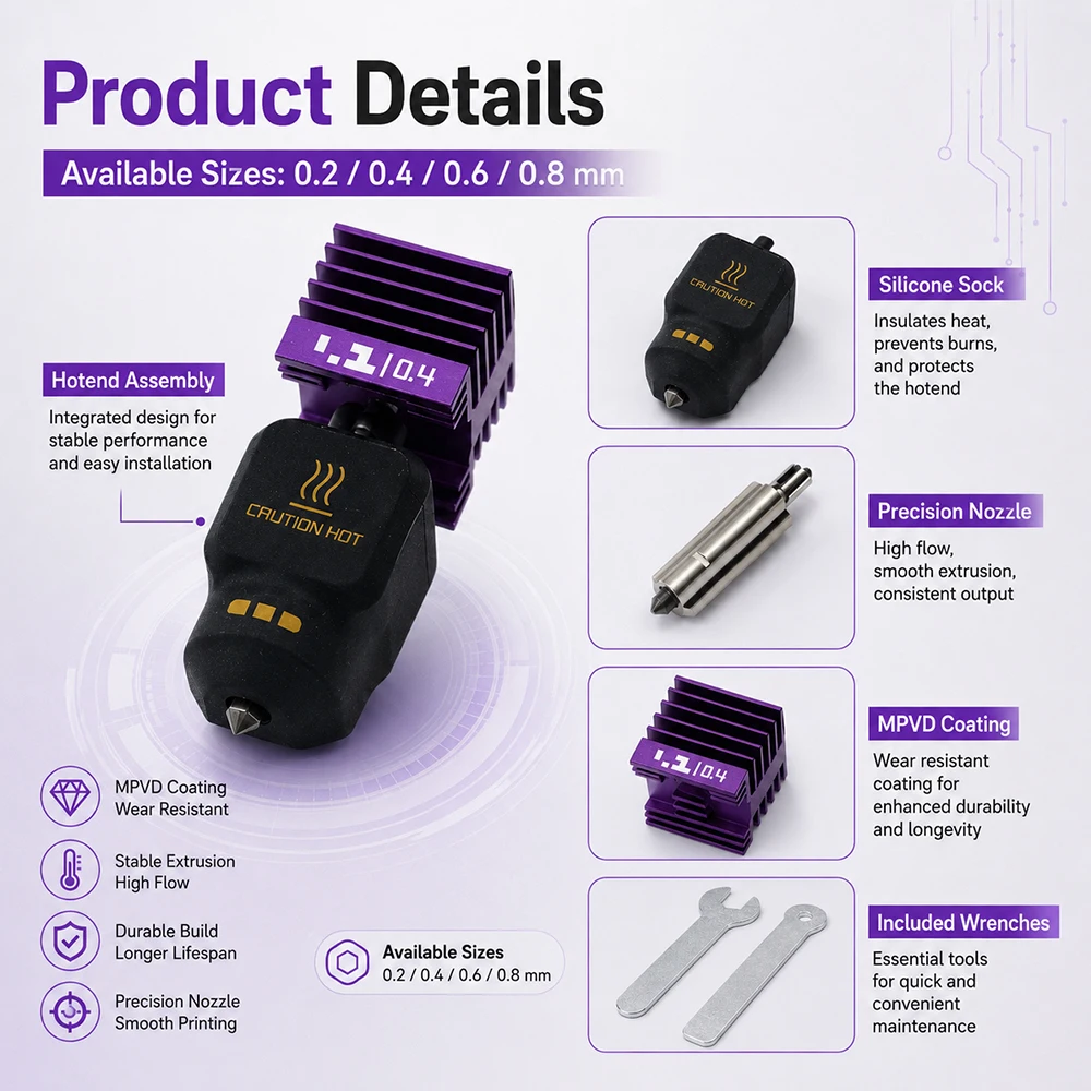 Toaiot Hotend do Bambu Lab A1 X2D Hotend A2L Hotend A1 H2C P2S H2D H2S Ulepszenie dyszy, odporność na przywieranie filamentu, wysoka twardość, trwałość — zdjęcie produktu 3