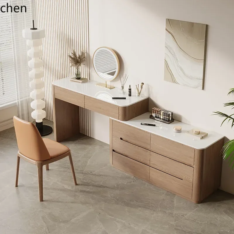 e1- dressing table with integrated drawers, bedroom ash wood color makeup table, extendable desk with storage cabinet
