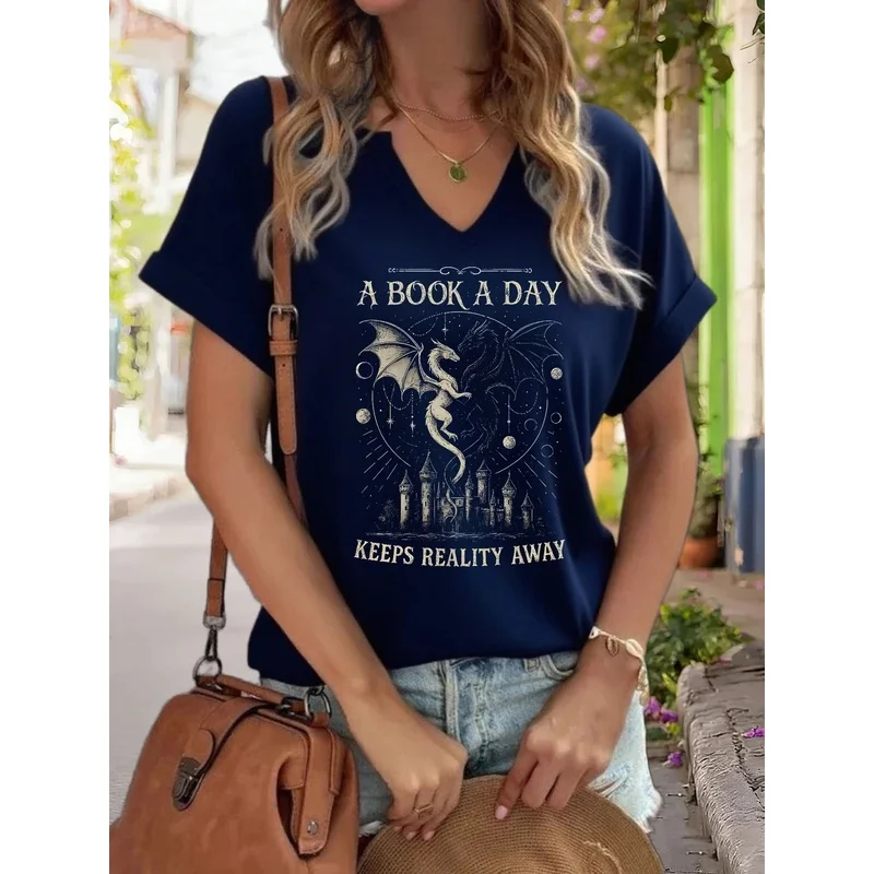Women's V-Neck Graphic T-Shirt, Dragon and Castle Print, Casual Short Sleeve T-Shirt for Lovers
